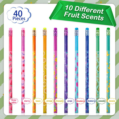 Outus 40 Pieces Scented Pencils for Kids Colorful Fruit Themed HB Graphite Pencils with Erasers Cute Office Tools with Fruit Themed Elements for School Stationery Classroom Party Reward Supplies