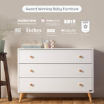dadada Austin 3-Drawer Dresser for Nursery and Bedroom - Modern Design, Large Storage, Baby-Safe Finish, Anti-Tip Safety, Solid Wood Feet, Durable Construction (White+Natural)