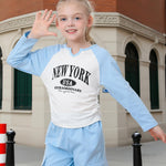 Kucnuzki Toddler Girl Clothes 3T 4T Girl Clothes Fall Outfits Blue Long Sleeve Tops Graphic T Shirt Cargo Pants 2 Piece Clothing Set
