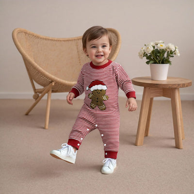 Newborn Infant Baby Boy Christmas Outfit Embroidered Gingerbread Romper Red Striped Onesie Long Sleeve Jumpsuit