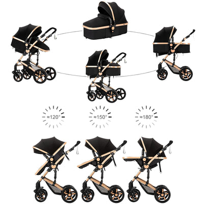 2 in 1 Baby Stroller with Bassinet, Reversible Convertible Infant Bassinet Stroller of One-Click Folding, Newborn Travel Strollers Toddler Standard Pram Carriage Lightweight (Black)