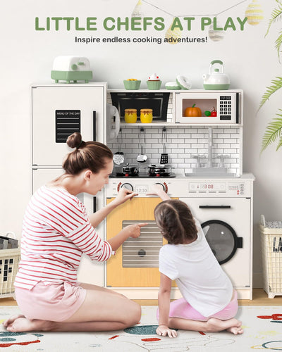 Babytronic Wooden Kitchen Playset for Kids, Interactive Play Kitchen with Lights & Sounds, Children Pretend Toy Kitchen Set with Faucet, Oven, Microwave, Kitchenware for Toddlers Ages 3+ (White)
