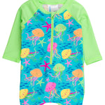 RUGGEDBUTTS Baby/Toddler Boy Swimsuit, One Piece Zipper Rash Guard Sunsuit with UPF 50+ Sun Protection - Neon Jelly Time, 3-6m