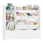 FACBOTALL Toy Storage Organizer with 3 Movable Drawers, Bookshelf and Bookcase with 6 Plastic Bins & 2 Storage Cubbies, Toy Chest with Hidden Wheels, Toy Storage Box for Playroom, School, White