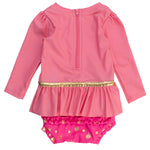 RuffleButts Baby Girls UPF50+ Princess Long Sleeve Bow Skirted One Piece Swimsuit - Royal Pink Princess, 12-18m