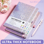 HJWKJUS Bling A5 Notebook with Pen, Lined Journal Notebook A5 Notepad for Girls Women,Cute Heart Pattern Design Glitter Laser Diary College Ruled Hardcover Notebook for Work, School, Note Taking, Business (Purple)