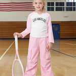 Kucnuzki Little Girls Clothes 6 7 Year Old Girl Clothes Long Sleeve T-Shirt Fall Tops New York T Shirt High Waist Long Pants Pink Cargo Pants Kids Clothing