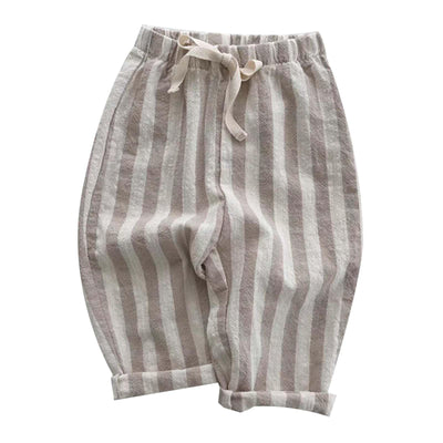 Boys' Cotton Linen Harem Bloomers Pants Elastic Waist Jogger Pants Kids Casual Striped Trousers Infant Long Sweatpants 3-6 Months 02 Khaki