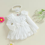 ZAXARRA Infant Baby Girl Romper Dress Baby Dress Romper Flowers Lace Fall Winter Clothes with Headband (White, 9-12 Months)