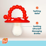 RaZbaby Soft Silicone Infant & Baby 3M+ Teether Toy Massaging Bristles Teething Relief Pacifier - Soothes Sore Gums - Hands-Free & Easy-to-Hold Chompy Teether, BPA Free (RED/Green)