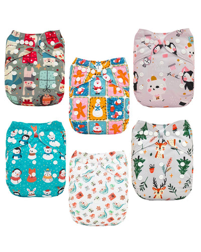 Set of colorful patterned cloth diapers on a white background