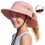 Zando Ponytail Hole Kids Sun Hat Adjustable Girls Beach Bucket Hat UPF 50+ Wide Brim Sun Protection Foldable Child Summer Cap Youth Waterproof Windproof Breathable Swim Fishing Safari Pink 8-12 Years