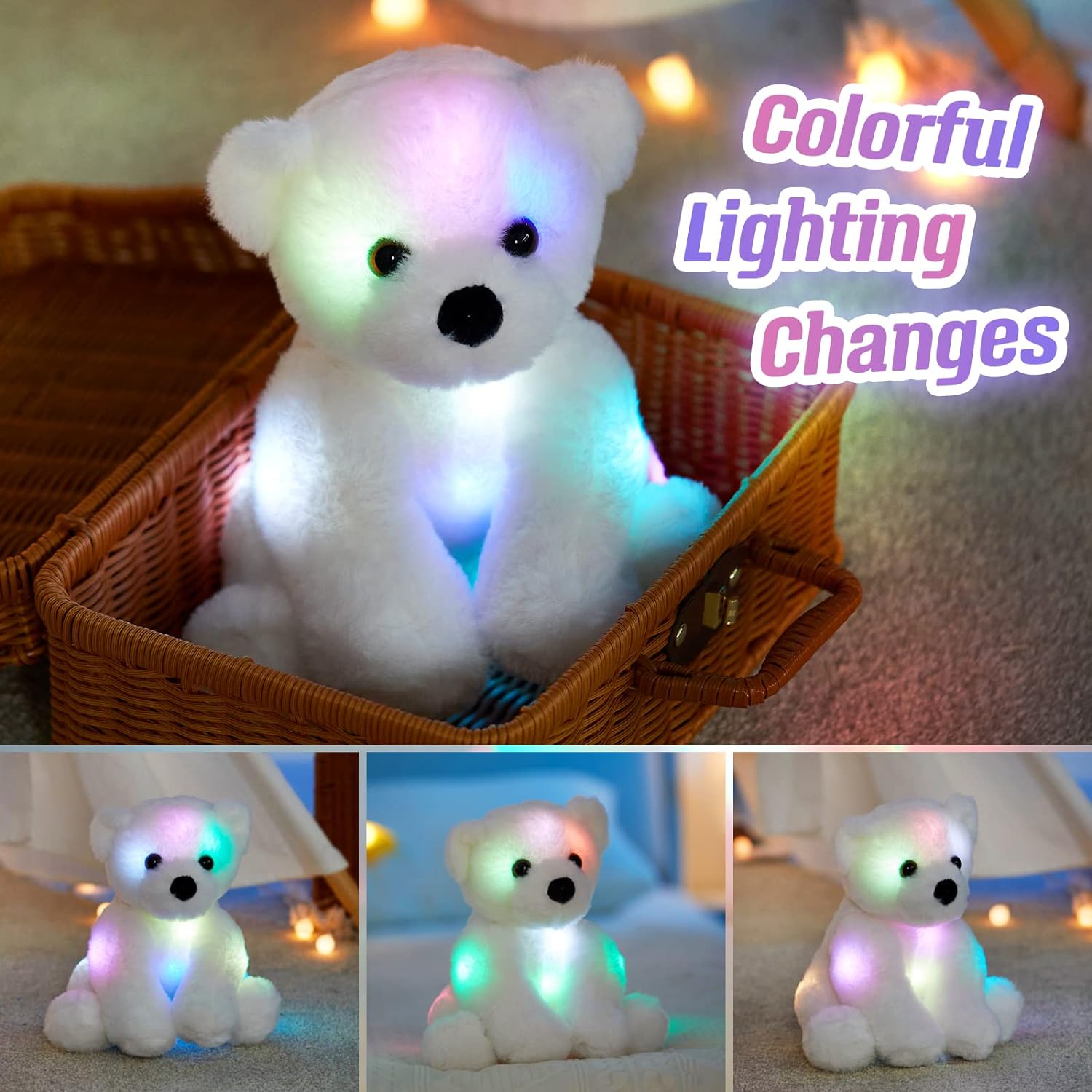 BSTAOFY Glow Polar Bear Light up Stuffed Animal LED Night Light Soft Plush Toy Adorable Birthday Valentines Mother's Children's Day for Toddler Kids, White, 9.5''