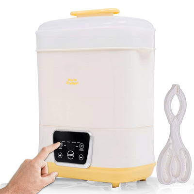 White and yellow baby bottle sterilizer with digital display on a white background