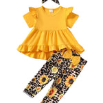 Kucnuzki 2T-3T Girls Clothes Toddler Outfit Cute Short Sleeve Yellow Ruffle Tops Shirt Floral Pants Set for 2-3 Years Old Soft Little Girl Outfit