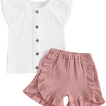 BemeyourBBs Summer Toddler Girl Clothes Baby Girl Ruffle Sleeveless Shirt with Buttons Bow Bloomers Shorts Set Cute Outfits
