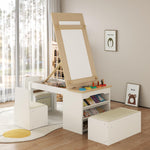 3 in 1 Kids Art Table and Chair Set, Art Desk & Easel w/ Storage Shelves, Drawers, Paint Cups, Paper Roll, Toddler Table and Chair Set w/ Bench & 2 Chairs for Draw, Write, Play, Crafts (Light Walnut)