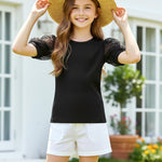 PATPAT Girls Puff Sleeve Shirt Size 8-9 Ribbed Short Sleeve Black Mesh Shirt Girls Black Dress Blouse Back to School Clothes Smocked Blouse Summer Tops