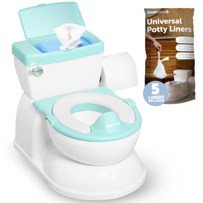 Potty training seat with teal cover and Joolbaby potty liner packaging on a white background