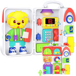 Colorful toy set with character figure and various toy instruments in a white case.