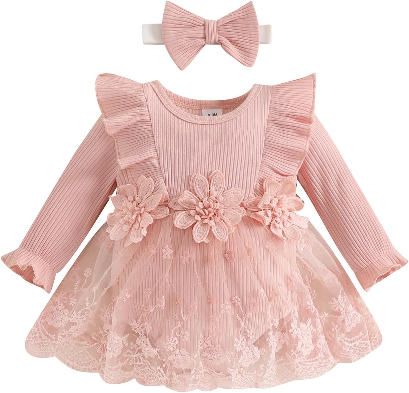 Baby Girl Romper Dress Baby Dress Romper Lace Flowers Infant Fall Winter Festival Clothes with Headband