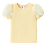 PATPAT Girls Puff Sleeve Top Size 4-5 Ribbed Short Sleeve Yellow Lace Blouse Toddler Dress Shirt Cute Clothes Birthday Girl Shirt Summer Tops