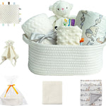 CREVENT Baby Welcome Gift Set Storage Basket with 2 Blankets+ 1 Security Blanket + 1 Taggie + 1 Gift Bag with Ribbon (Ivory)