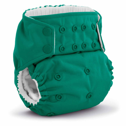 Green baby diaper with button closures on a white background