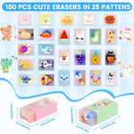LiYiQ 100-Piece Kawaii Cute Animal Pencil Eraser for Kids, Back to School Supplies, Non-Toxic Rubber, Rectangular