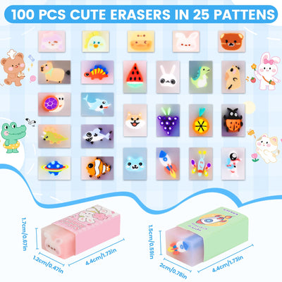 LiYiQ 100-Piece Kawaii Cute Animal Pencil Eraser for Kids, Back to School Supplies, Non-Toxic Rubber, Rectangular