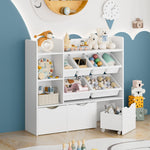 FACBOTALL Toy Storage Organizer with 3 Movable Drawers, Bookshelf and Bookcase with 6 Plastic Bins & 2 Storage Cubbies, Toy Chest with Hidden Wheels, Toy Storage Box for Playroom, School, White