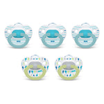 Set of five NUK pacifiers with different designs on a white background