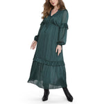 Motherhood Maternity Women's Long Sleeve V-Neck Tiered Maxi Pregnancy Dress with Drawstring, Forest Biome, X-Large