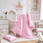 3 Pieces Crib Bedding Set Baby Ruffle Quilted Comforter with Fitted Sheet and Pillowcase - Cute Ruffled Shabby Chic Bedding Soft Blanket Design Pink