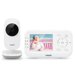Vtech baby monitor with a screen displaying a baby and the Vtech logo on a white background