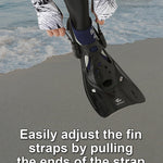 Reef Tourer Snorkel Fins for Kids and Adults, Adjustable Open Heel, Compact Short Blade Swimming Snorkeling Flippers, Travel Size, Blue, Large, RF0106P