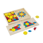 Colorful geometric wooden puzzle set with pieces and two completed puzzles on a white background.