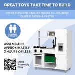 Delta Children Deluxe Modern Kitchen - Toy Kitchen Playset with Realistic Knobs that Turn/Click, Oven, Sink and Fridge/Freezer with Ice Maker, White