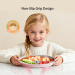 Bakpoco Stainless Steel Baby Plate with Suction, 9” Divided Toddler Plates with Removable Silicone Sleeves for Kids, Non-Toxic Non-Slip Unbreakable Dishwasher Safe Dinnerware Set of 2, Pink & Beige