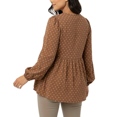 Motherhood Maternity Women’s Long Sleeve Empire Waist Keyhole Woven Pregnancy Blouse, Mocha/Vanilla Dot, Medium