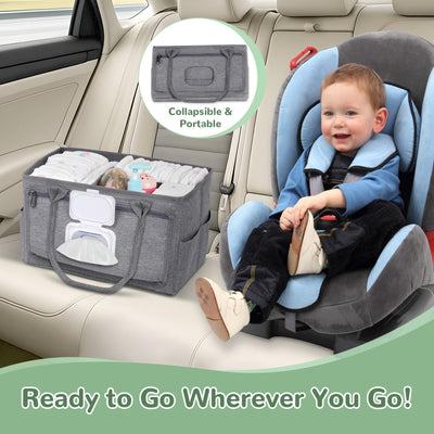Volnamal Diaper Caddy with Wipe Dispenser One-Handed Access, Premium Diaper Organizer, Portable Car Organizer Nursery Basket for Newborn Essentials, Baby Registry Must Haves for Boys & Girls,Grey