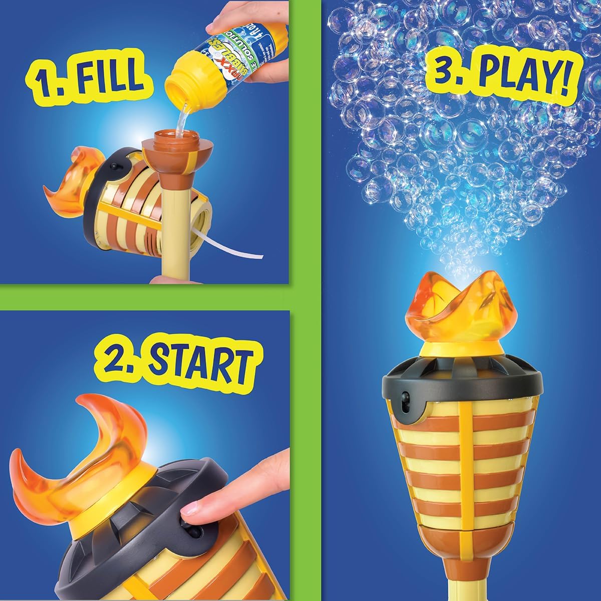 Tiki Torch Bubbler - Bubble Machine with Lights and Music, Bubble Blower and Wand, Rechargable Outdoor Toy for Kids Teens Adults, Includes 4oz Bubble Solution