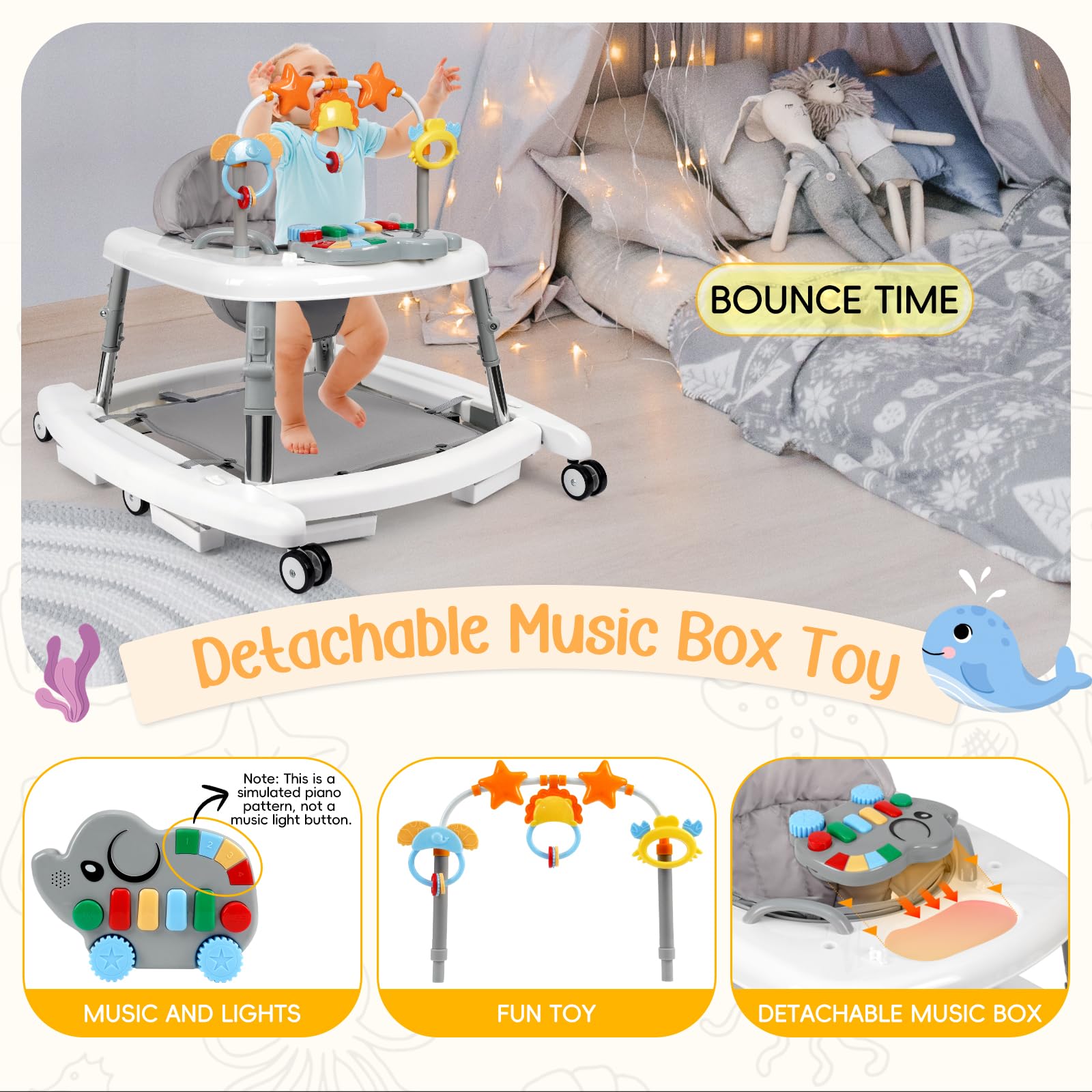 Wolfcode 5-in-1 Music and Lights Baby Walker Foldable with 5 Adjustable Heights, Baby Walker with Wheels and Bouncer Combo Portable, Infant Toddler Walker for Baby Boy Girls 6-18 Months