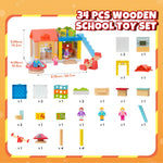 34-Piece Small Wooden Dollhouse for Toddlers, 2-Room Toy House with Seesaw, Merry-Go-Round, Furniture Accessories with 3 Dolls, Birthday Toys for Kids Ages 3-8 (4.09" x 4.09" x 9.45")