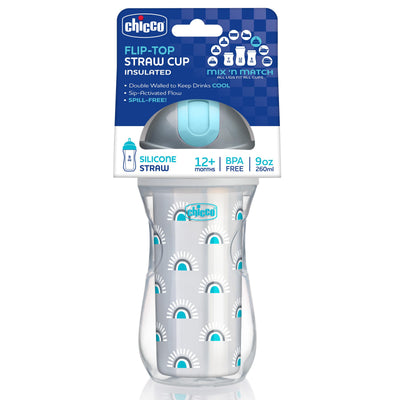 Chicco Insulated Straw Sippy Cup 12+ Months, 9oz Toddler Training Cup with Spill-Free Flip-Top Lid, BPA-Free 2-Pack, Silver/Blue Sunburst