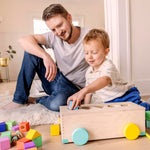 LOVEVERY | The Block Set | Solid Wood Building Blocks and Shapes + Wooden Storage Box, 70 Pieces, 18 Colors, 20+ Activities, Toddler Block Set and Converts into a Pull Car, Ages 12 to 48+ months