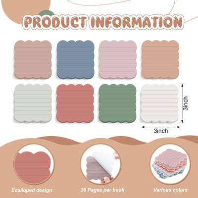 Eaasty 8 Pack Scalloped Aesthetic Sticky Notes Bulk Vintage Colors Cute Wavy Self Sticky Note Pads 3" x 3" Lined Note Pads for Back to School Office Supplies 240 Sheets