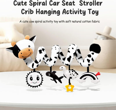 Spiral Car Seat Baby Toys 0-6 Months, Infant Carseat High Contrast Sensory Toys Hanging Stroller Accessories, Newborn Gifts for Baby Boys Girls Essentials, Cute Black and White Cow