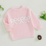 VISGOGO Toddler Baby Girl Sweater Bow Embroidery Warm Knitted Long Sleeves Pullover Infant Knitwear for Toddler (Pink, 3-4 Years)