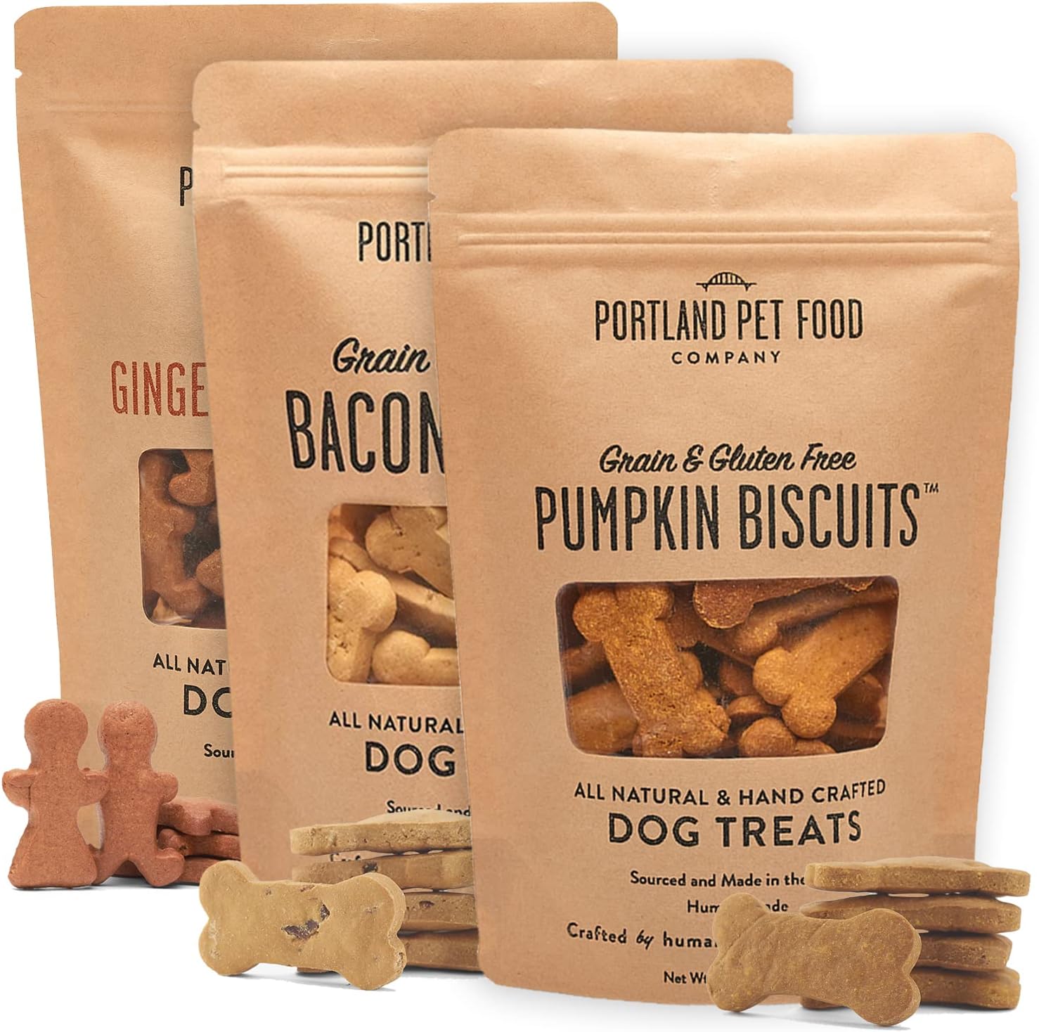 Portland Pet Food Company Healthy Dog Treats Variety 3-Pack - Grain-Free, Human-Grade, Gingerbread, Pumpkin and Bacon Dog Treats Multipack - Natural Dog Training Treats & Biscuits Made in the USA Only